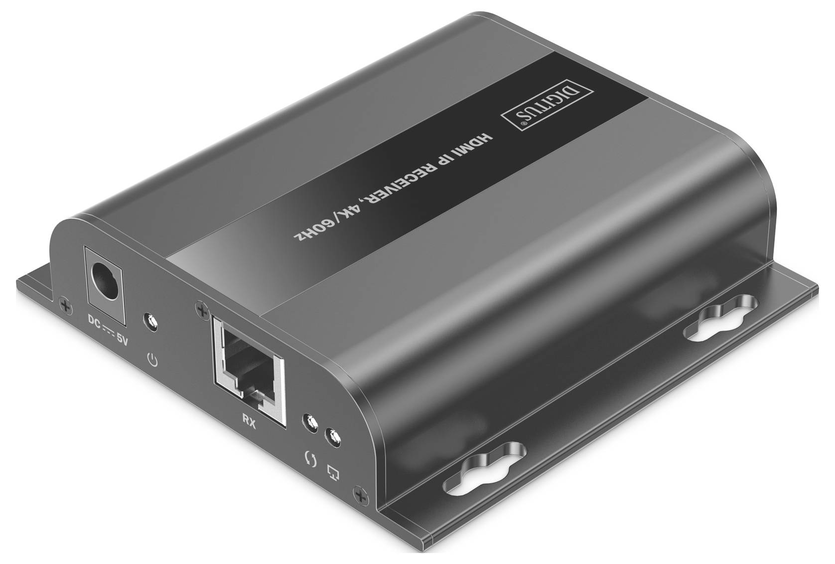 Ein kleines, rechteckiges, metallisches elektronisches Gerät, das mit ‚HDMI IP Receiver 4K 60Hz' beschriftet ist, mit Anschlüssen an einer Seite und Befestigungslöchern an der Basis.