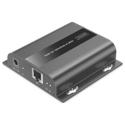 Ein kleines, rechteckiges, metallisches elektronisches Gerät, das mit ‚HDMI IP Receiver 4K 60Hz' beschriftet ist, mit Anschlüssen an einer Seite und Befestigungslöchern an der Basis.