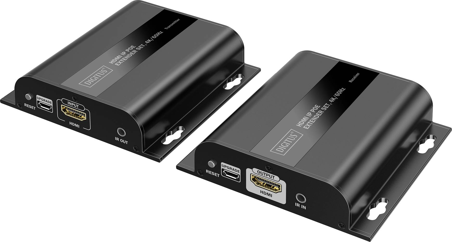Zwei schwarze HDMI-Extender-Geräte. Jedes verfügt über Anschlüsse mit den Bezeichnungen "HDMI Out" und "HDMI In" sowie USB- und Stromanschlüssen. Verwendet zur Verlängerung von Videosignalen.