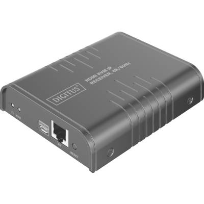 Ein schwarzer HDMI KVM IP Empfänger mit 'DIGITUS' Branding, ausgestattet mit HDMI-, USB- und Ethernet-Anschlüssen, konzipiert für 4K/60Hz-Konnektivität.