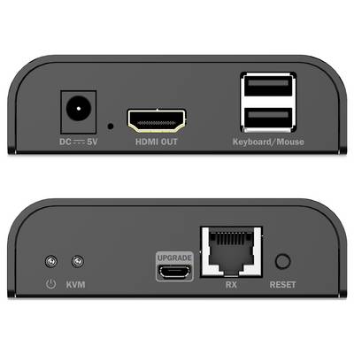 Gerät mit Gleichstromversorgung, HDMI-Ausgang, doppeltem USB für Tastatur/Maus oben. Unten zeigt KVM-Switch, Upgrade-Anschluss, Ethernet und Reset-Taste.