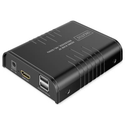 Ein schwarzes digitales Empfangsgerät mit HDMI- und USB-Anschlüssen, beschriftet mit 'DIGITUS'. Geeignet für Medienanschluss und Datenübertragung.