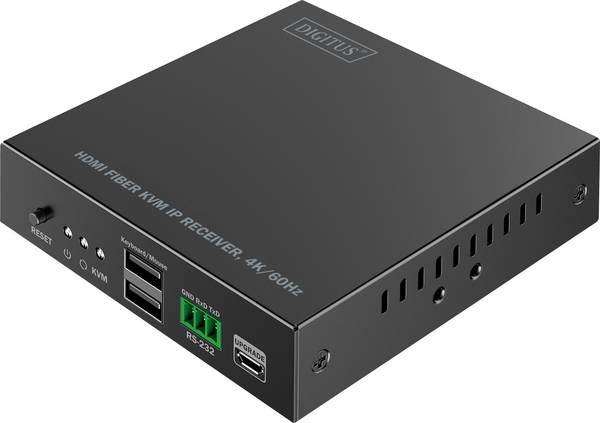 Digitus DS-55349 HDMI®, HDMI® Eingang, HDMI® Ausgang, SFP, USB, USB-A, USB-A (USB 1.1), Netzteilanschluss, RS232, Micro USB, Kopfhörer (3.5 mm Klinke), microSDXC HDMI Empfänger über Glasfaserkabel 40000 m