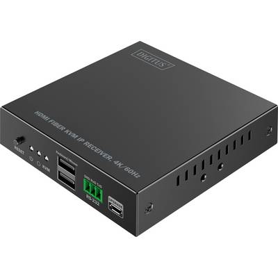 Ein schwarzer HDMI-Glasfaser-KVM-IP-Empfänger, der 4K 60Hz unterstützt, mit mehreren Anschlüssen für Konnektivität, einschließlich USB, RS-232 und Rücksetztaste.