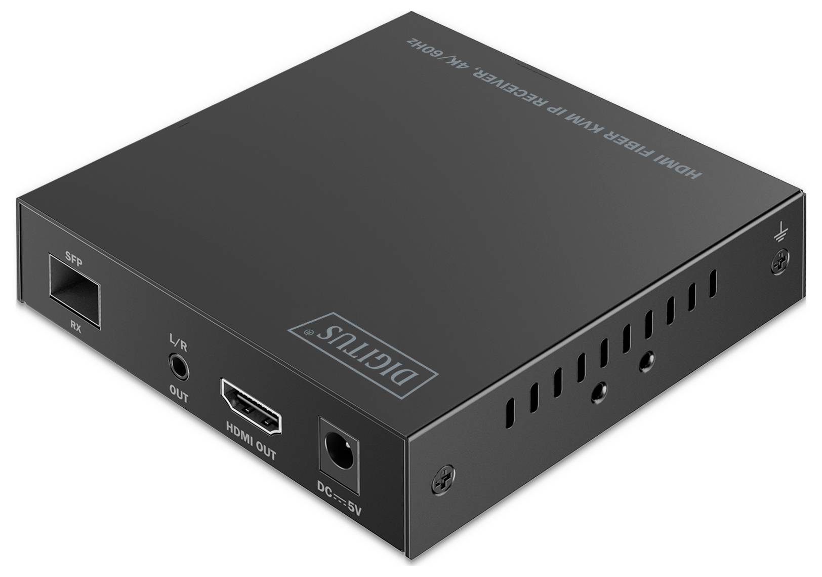 Ein schwarzer, rechteckiger Glasfaser-HDMI-IP-Empfänger von Digitus mit verschiedenen Anschlüssen, einschließlich HDMI und Gleichstrom-Eingang, auf weißem Hintergrund.
