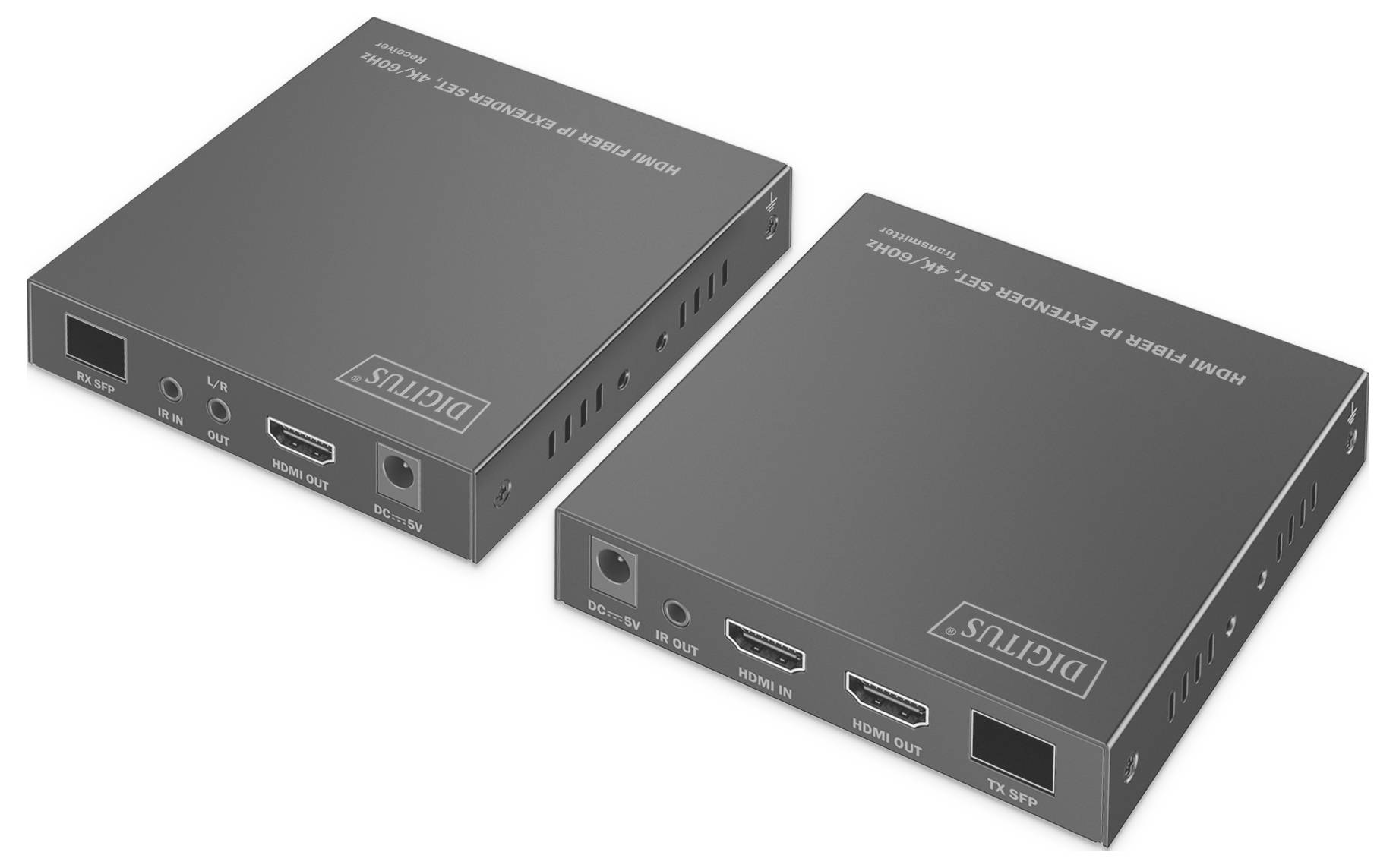 Zwei rechteckige schwarze elektronische Geräte mit HDMI-Ein- und Ausgängen, auf der Oberfläche mit 'Digitus' beschriftet, nebeneinander positioniert.