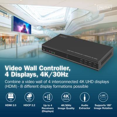 Videowand-Controller, der 4 miteinander verbundene 4K UHD-Displays ermöglicht. Merkmale umfassen HDMI, HDCP 2.2, 4K/30Hz Bilddarstellung, Audioextractor und 180° Bildrotation.