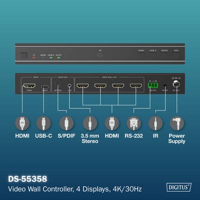 'DS-55358 Videowand-Controller unterstützt 4 Displays mit Eingängen einschließlich HDMI, USB-C, S/PDIF und 3,5 mm Stereo. Ausgänge umfassen HDMI, RS-232, IR und eine Stromversorgung.'