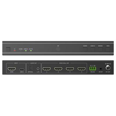 HDMI- und USB-C-Switch mit 'AUTO'-Modus, 'MODE'- und 'RES'-Tasten. Frontindikatoren; Anschlüsse auf der Rückseite umfassen HDMI, USB-C, Optisch, Audioausgang und RS-232.