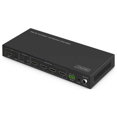Ein schwarzer Video-Wall-Controller mit mehreren HDMI-Anschlüssen, beschriftet mit 'DigiTUS'. Unterstützt 4K-Video mit Strom- und Erweiterungsanschlüssen an der Seite.