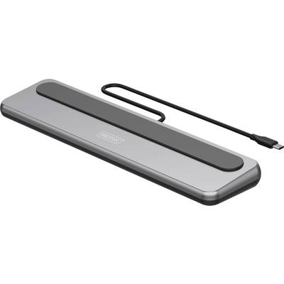 Eine graue USB-C Dockingstation mit schwarzer Basis, die mehrere Anschlüsse für Konnektivität bietet. Das Gerät besticht durch sein schlankes und modernes Design.
