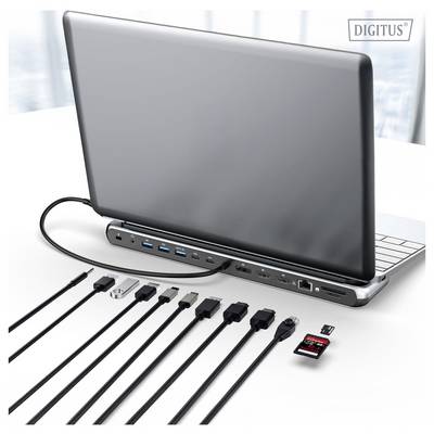 Laptop mit einer Multiport-Dockingstation verbunden, die verschiedene Anschlüsse für USB, HDMI, Ethernet und Kartenleser aufweist.