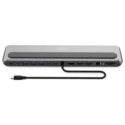 Eine silberne Dockingstation mit mehreren Anschlüssen, darunter USB, HDMI, Ethernet und SD-Kartensteckplatz, von hinten gezeigt mit angeschlossenem Kabel.