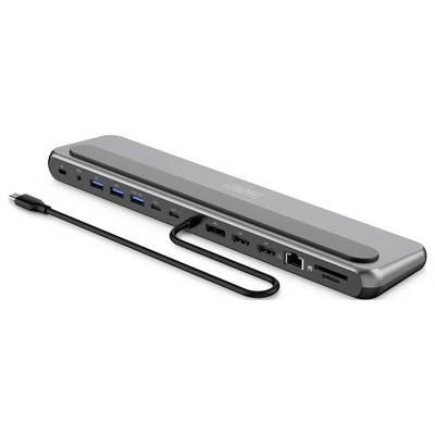 Eine elegante, metallische Multiport-Dockingstation mit USB-, Ethernet-, HDMI- und SD-Kartensteckplätzen, die über ein USB-C-Kabel angeschlossen wird.
