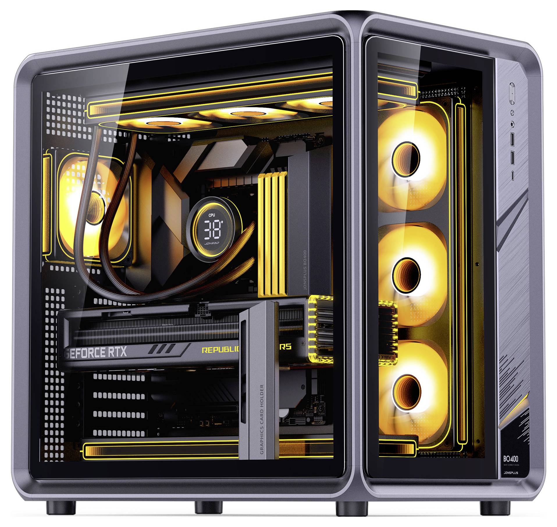 Ein moderner Desktop-Computer mit einem beleuchteten, transparenten Gehäuse, das interne Komponenten wie Kühlventilatoren und eine RTX-Grafikkarte präsentiert.