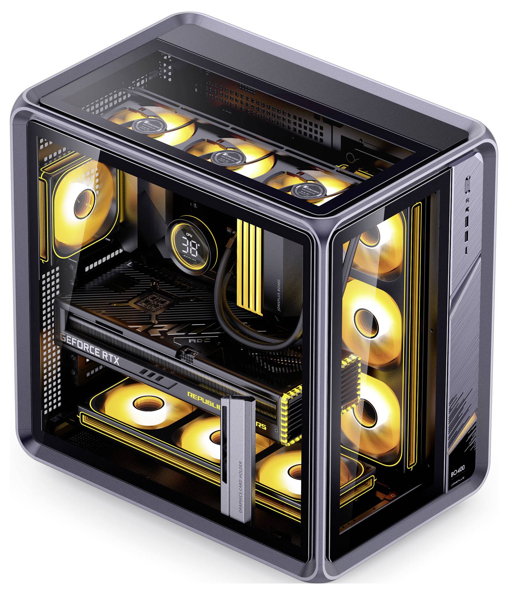 Eine transparente Computergehäuse offenbart eine High-Performance Gaming-Konfiguration mit leuchtend gelben Kühlventilatoren, einer sichtbaren Grafikkarte und LEDs.