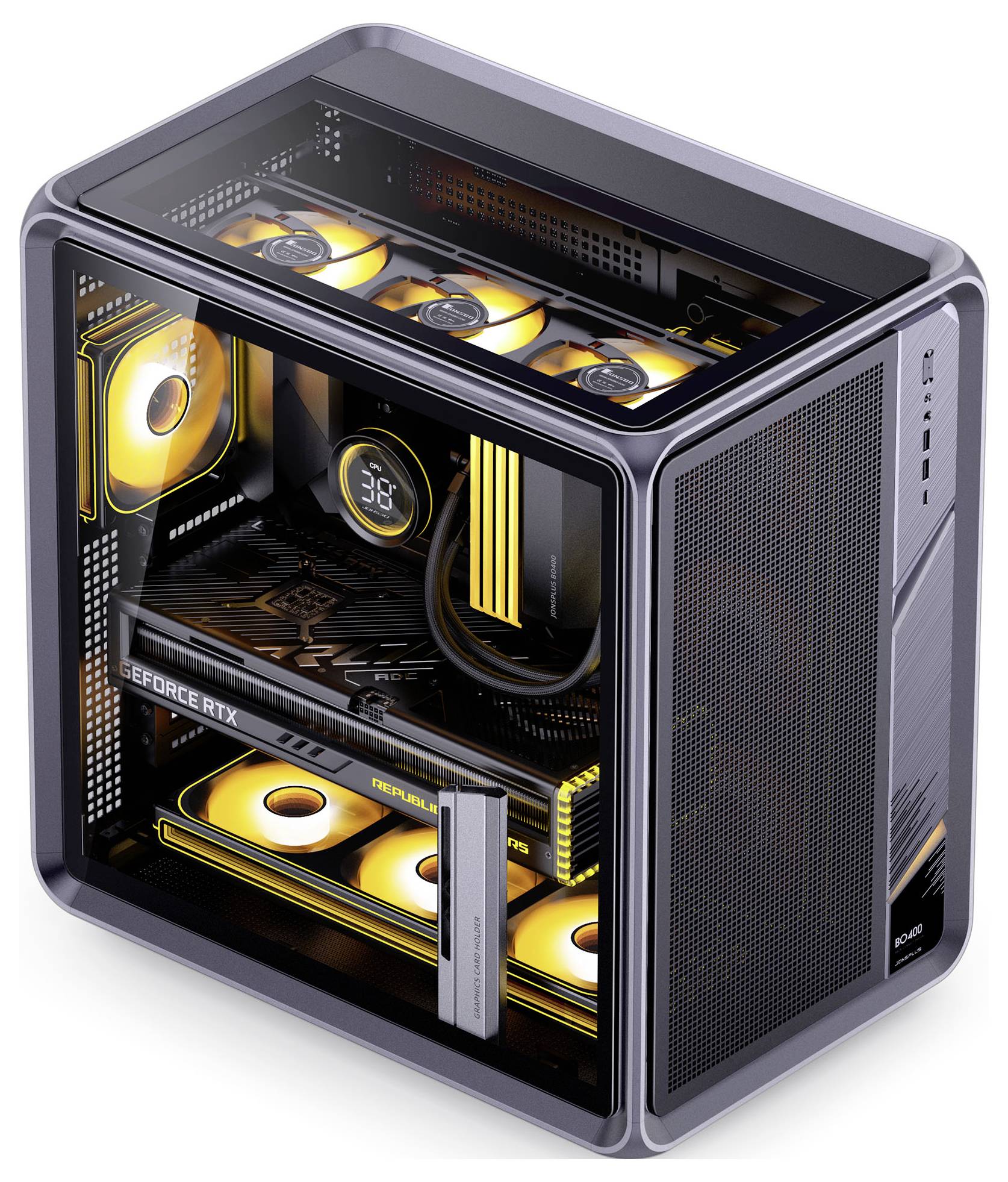 Ein transparenter Computergehäuse, der interne Komponenten zeigt, einschließlich einer beleuchteten Grafikkarte mit der Beschriftung „GeForce RTX" und Kühlventilatoren.