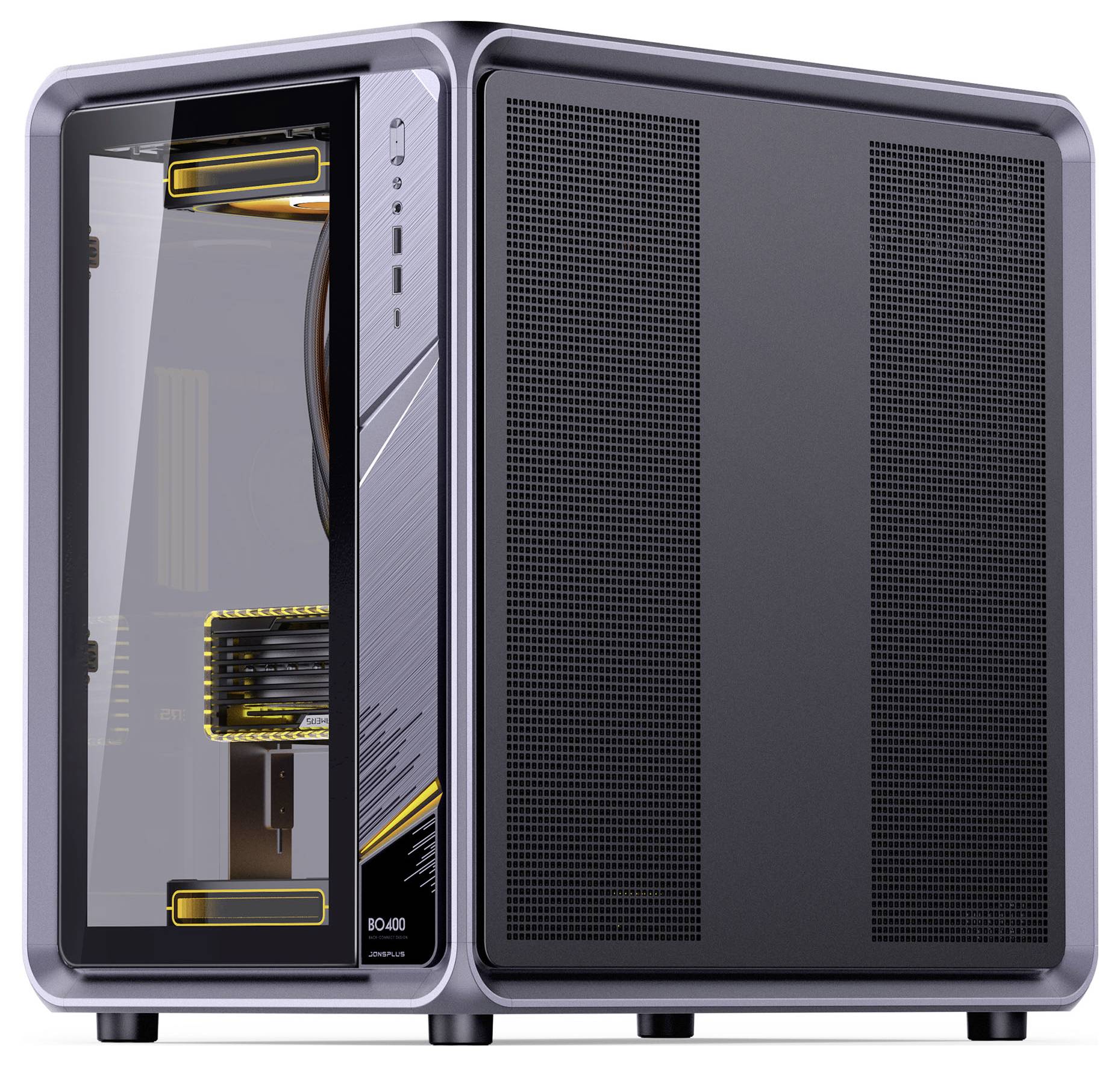 Ein schlankes Computergehäuse mit transparentem Seitenpanel, das die Innenkomponenten präsentiert, mit minimalistischem Design und beleuchteten Akzenten.