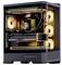 Ein schlanker, leistungsstarker Gaming-PC mit bunten LEDs, sichtbarem Kühlsystem und einer 'GeForce RTX' Grafikkarte in einem transparenten Gehäuse.