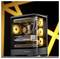 Ein High-Performance-Gaming-PC mit lebendigen orangefarbenen Beleuchtungen in einem transparenten Gehäuse, der Komponenten wie eine GeForce RTX-Grafikkarte zur Schau stellt.