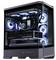 Ein schwarzer und silberner Gaming-PC mit einem transparenten Seitenpanel, das beleuchtete Komponenten und Lüfter zeigt, einschließlich einer NVIDIA GeForce RTX-Grafikkarte.
