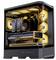 Ein Gaming-Computergehäuse mit beleuchteten Innenkomponenten, ausgestattet mit einer 'GeForce RTX' Grafikkarte und leuchtend gelber LED-Beleuchtung.