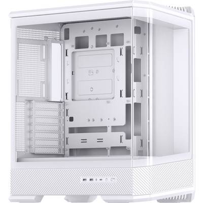 Ein weißes, leeres Computergehäuse mit transparenten Seitenpanels, mehreren Erweiterungssteckplätzen und vorderen I/O-Anschlüssen, bereit für die Komponenteninstallation.