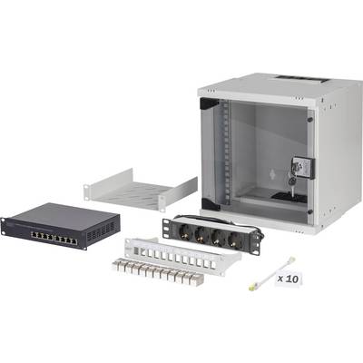 Netzwerkschrank-Einrichtung umfasst einen abschließbaren Schrank, Ethernet-Switch, Montageregale, Steckdosenleiste, Patchpanel und Kabelbinder.