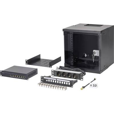 Wandmontiertes Netzwerkschrank-Set mit abschließbarem Schrank, Ablage, Switch, Patchpanel, Steckdosenleiste und Kabel. Inkludiert Schlüssel.