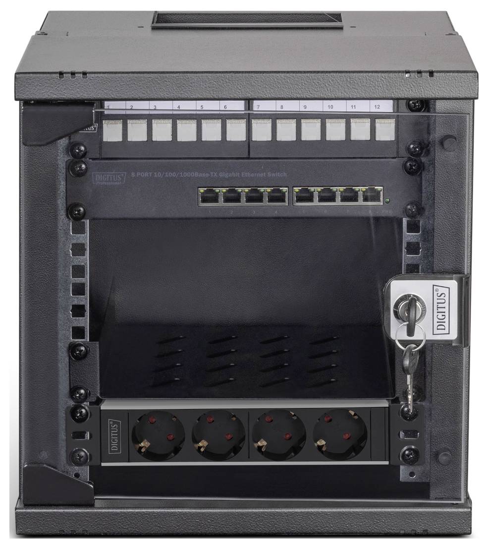 Rackmount-Netzwerk-Switch mit Schlüsselschloss, 12 Ethernet-Ports und vier Stromsteckdosen.