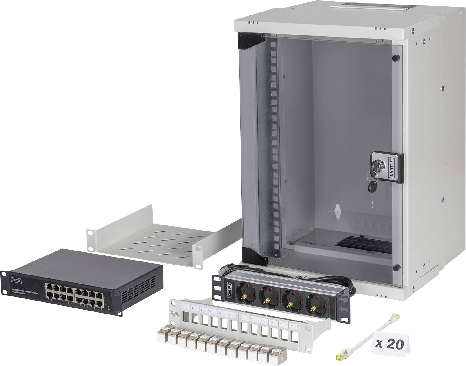 Netzwerkschrank-Set bestehend aus einem abschließbaren Rack, Patchpanel, Überspannungsschutz, Switch, Montageablage und 20 Kabelanschlüssen.
