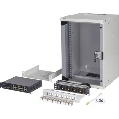 Netzwerkschrank-Set bestehend aus einem abschließbaren Rack, Patchpanel, Überspannungsschutz, Switch, Montageablage und 20 Kabelanschlüssen.