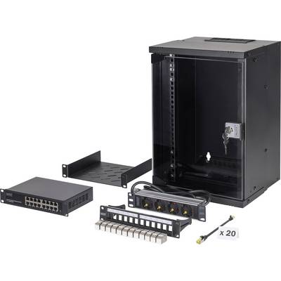 Netzwerkausrüstungsset, bestehend aus einer wandmontierten Rack, Ethernet-Switch, Patchfeld, Stromleiste, Ablage und Befestigungsmaterial.