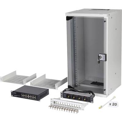 Eine Netzwerkausrüstungsanordnung bestehend aus einem offenen Rack-Schrank, einem Ethernet-Switch, einem Kabelmanagement-Panel, einer Steckdosenleiste und Montagezubehör.