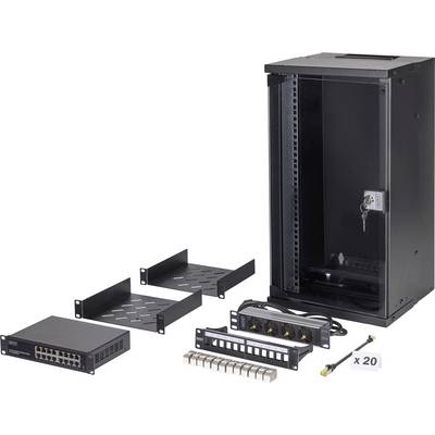 Ein schwarzes Serverrack mit einem Schloss, begleitet von Regalen, einem Switch, einer Steckdosenleiste, einem Panel, Kabeln und Anschlüssen, auf einer weißen Oberfläche präsentiert.