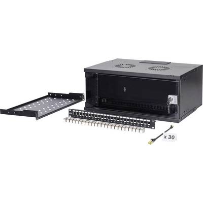 Ein schwarzes wandmontiertes Netzwerk-Rack mit einer abschließbaren Tür, Metallregalen, einer Kabelmanagement-Platte und 30 Kabelbindern.