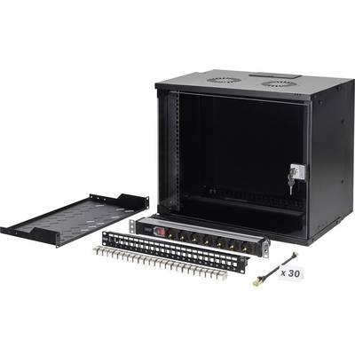 Ein schwarzes Servergestell mit einer abschließbaren Tür, belüftetem Oberpanel, Metallablage, Steckdosenleiste, Patchpanel und einem Satz Befestigungsschrauben.