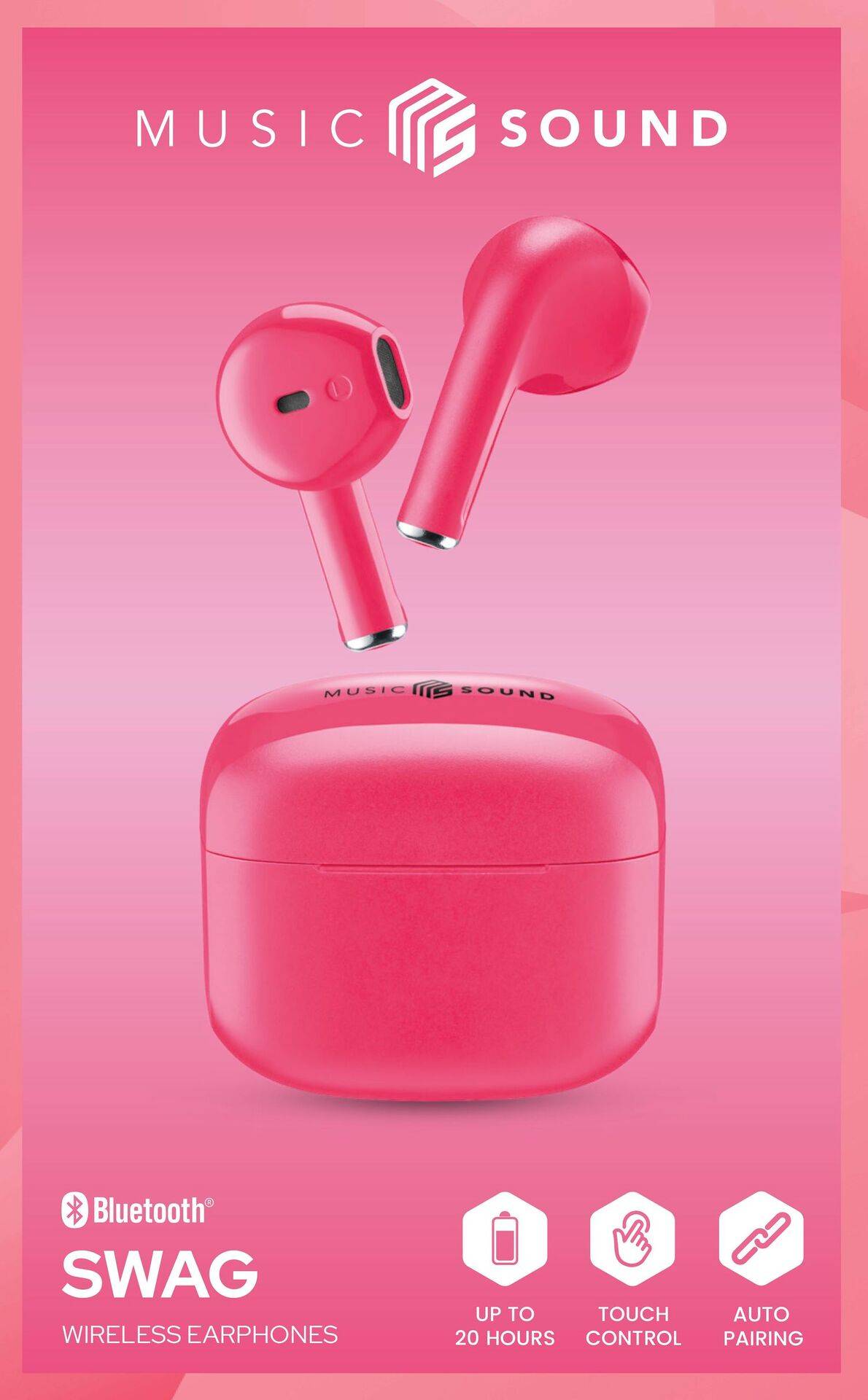 Kabellose Kopfhörer und Ladeetui in hellem Pink, gekennzeichnet mit ‚SWAG' von ‚Music Sound'. Eigenschaften: 20-Stunden-Akkulaufzeit, Touchsteuerung, automatische Verbindung.