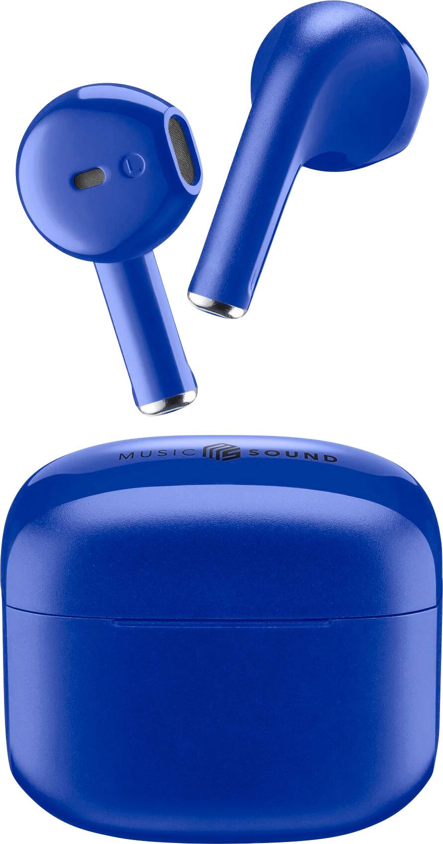Blaue kabellose Ohrhörer mit einer passenden Ladehülle. Auf der Oberseite der Hülle befindet sich der Text "Music Sound".