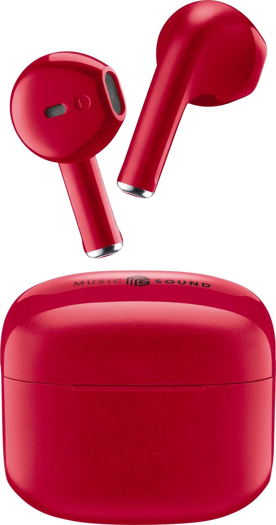 Rote kabellose Ohrhörer über einem passenden Ladeetui mit dem Text 'MUSIC SOUND'.