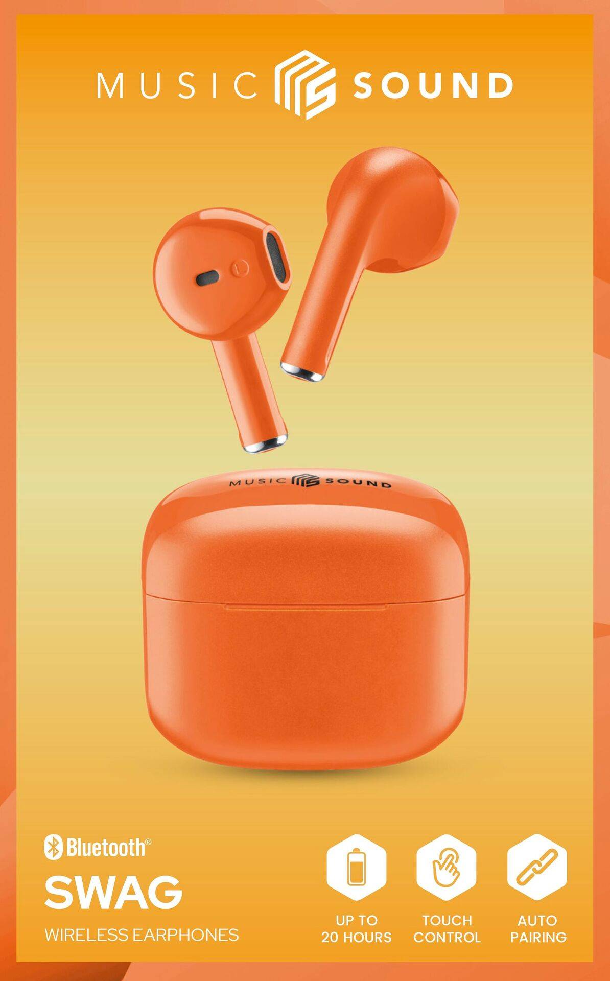 Orange kabellose Kopfhörer und Ladeetui mit 'Music Sound' Logo. Funktionen umfassen 20-Stunden-Akkulaufzeit, Touchsteuerung, automatische Verbindung.