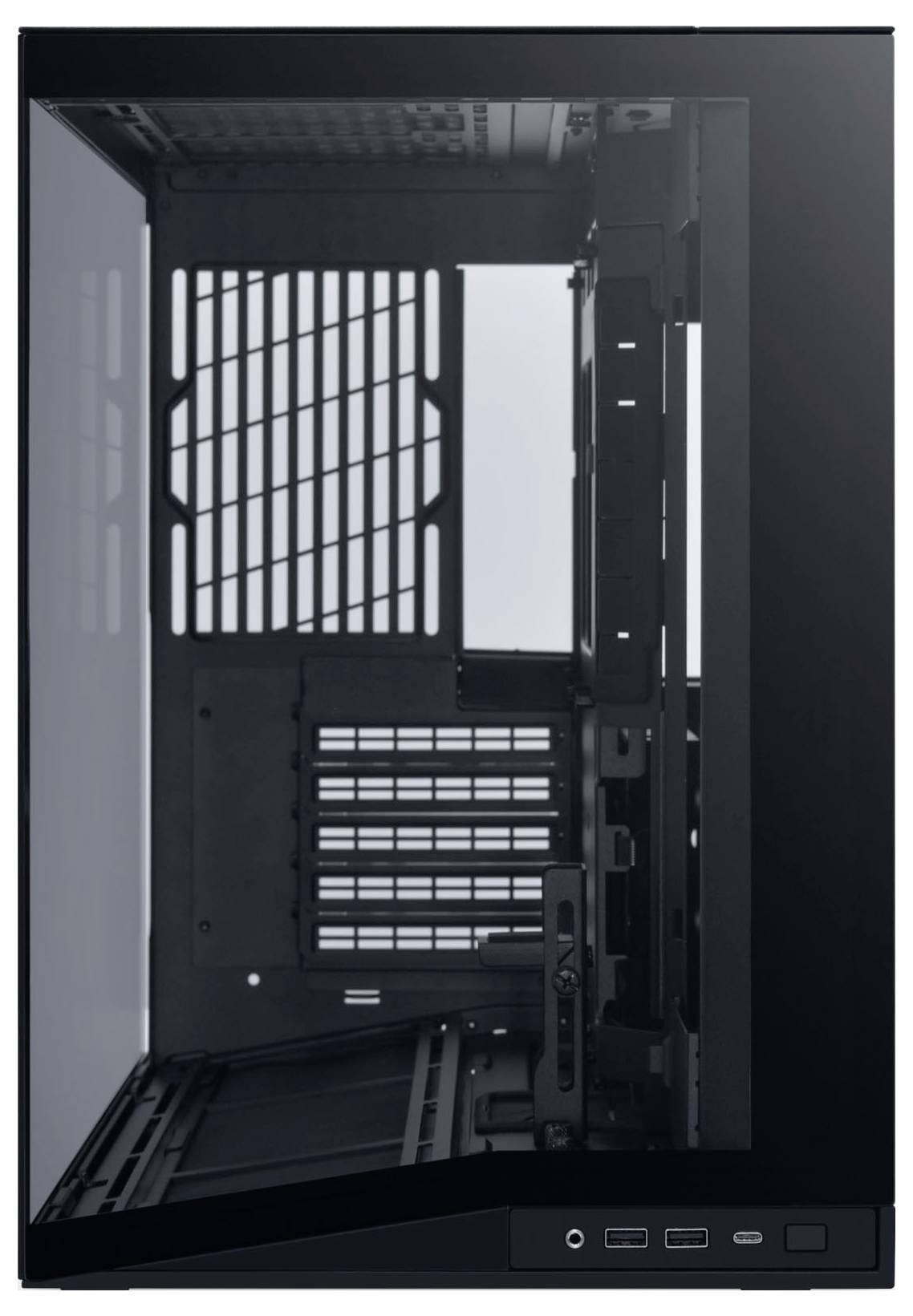 Ein schwarzes Computergehäuse mit einer transparenten Seitenscheibe, die den leeren Innenraum für Komponenten offenlegt, die Frontblende enthält USB-Anschlüsse und Tasten.