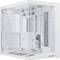 Ein weißes Computergehäuse mit transparenten Glasscheiben, die Innenkomponenten wie Laufwerksschächte, Mainboard-Steckplätze und Kühloptionen sichtbar machen.