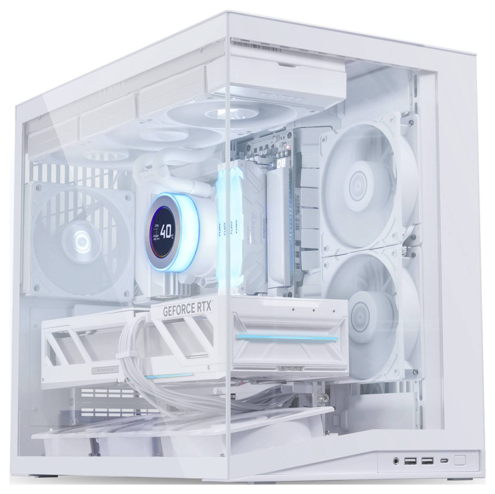 Ein weißer, individuell zusammengebauter Desktop-Computer mit Hochleistungskomponenten, darunter mehrere Lüfter und eine GeForce RTX-Grafikkarte, in einem transparenten Gehäuse.