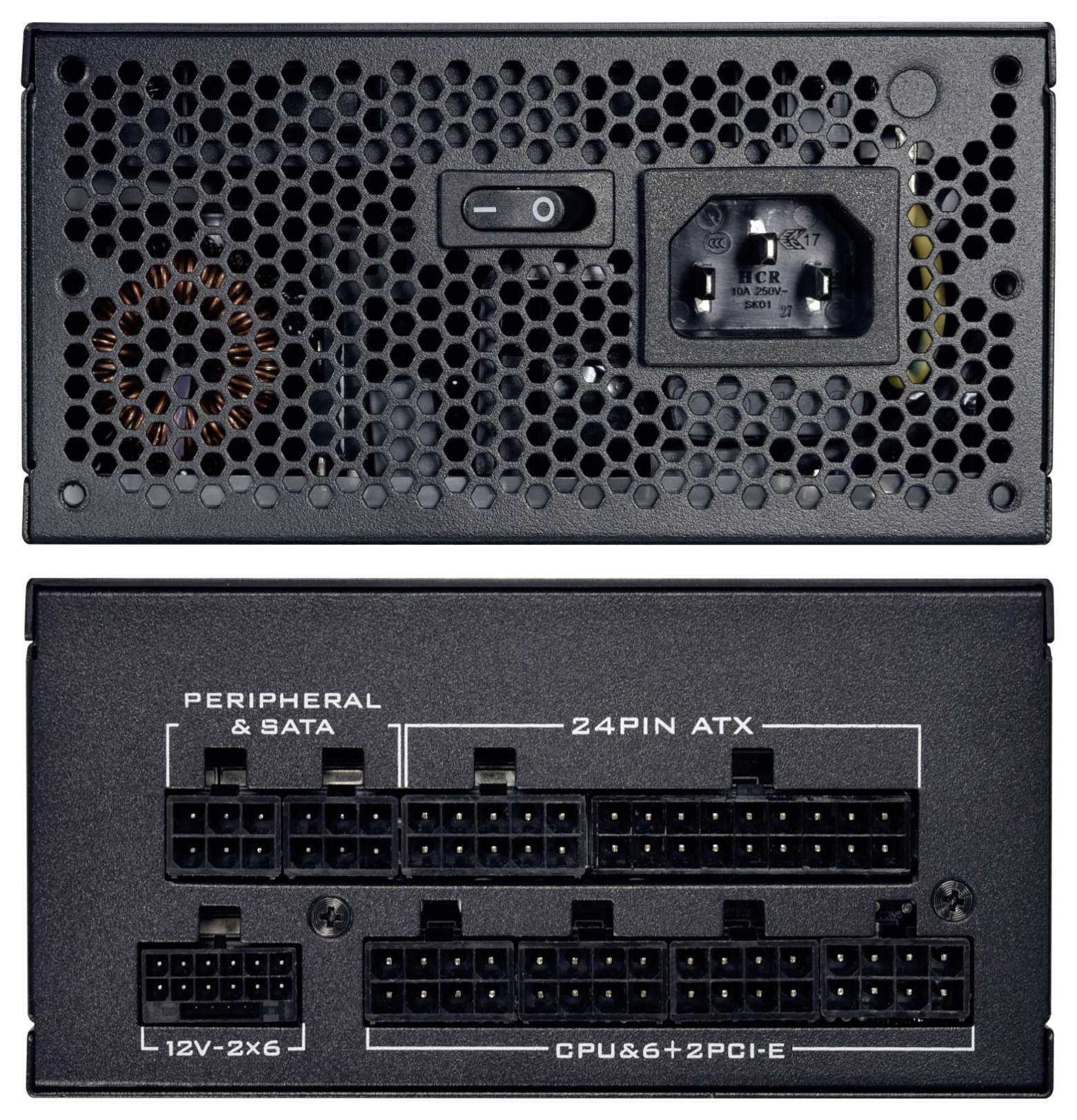 Computernetzgerät mit obenliegendem Netzschalter, Schalter und Belüftung. Unten befinden sich verschiedene Anschlussports für Komponenten.