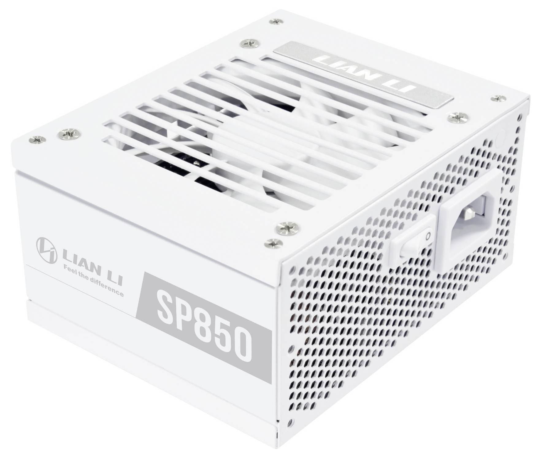 'Lian Li SP850' Netzteil in Weiß, mit Lüftungsgitter, Schalter und Branding-Elementen.