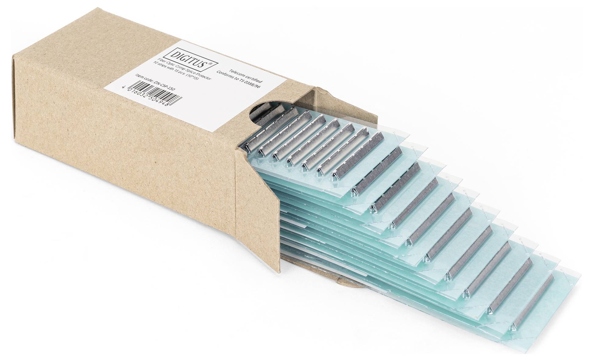 Eine braune Kartonschachtel, die sorgfältig gestapelte kleine elektronische Bauteile oder Komponenten enthält, die einzeln in türkisfarbenen antistatischen Beuteln verpackt sind.