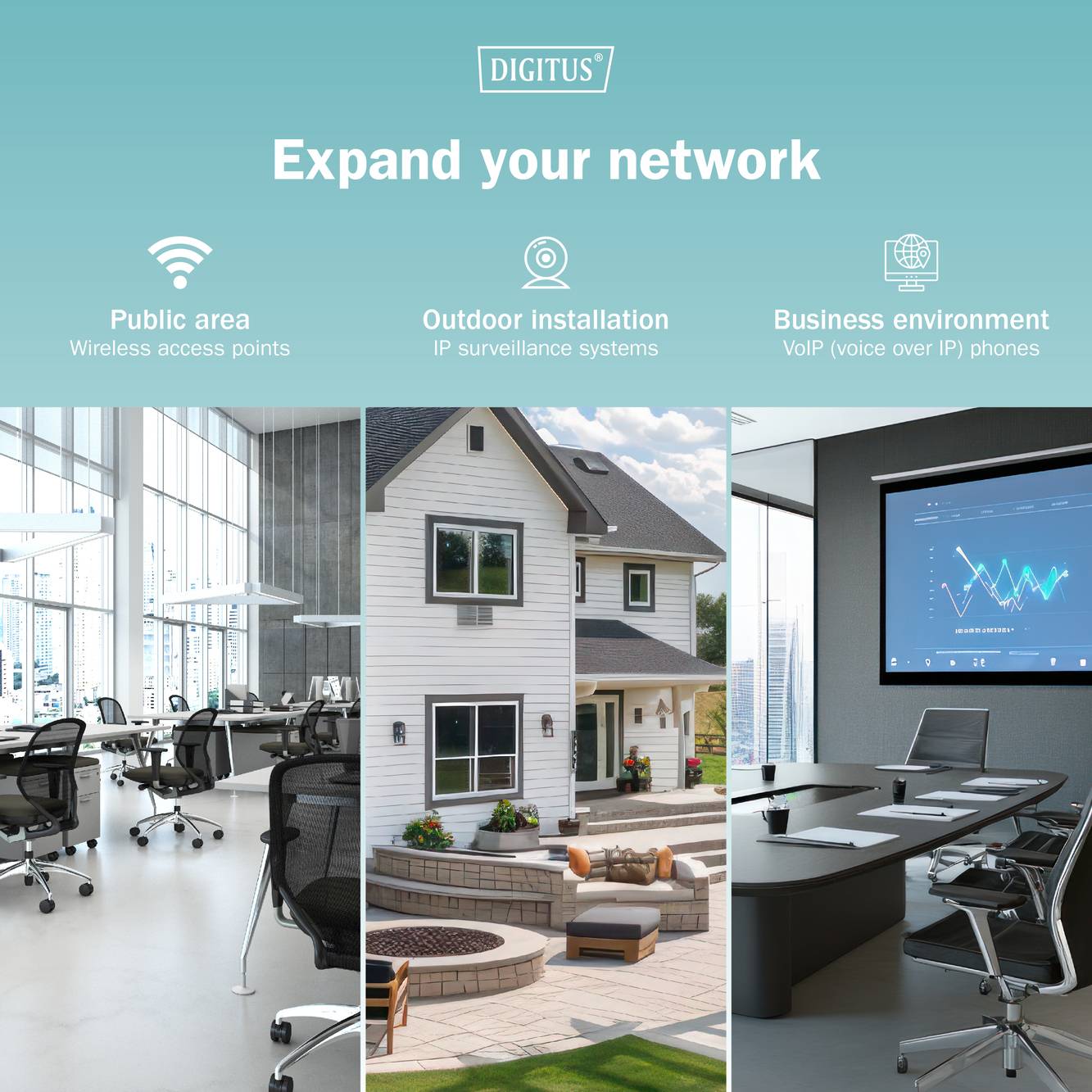 „Erweitern Sie Ihr Netzwerk" mit Bildern eines Büros, eines Smart Home und eines Konferenzraums, die drahtlose Netzwerke, IP-Überwachungssysteme und VoIP-Systeme veranschaulichen.
