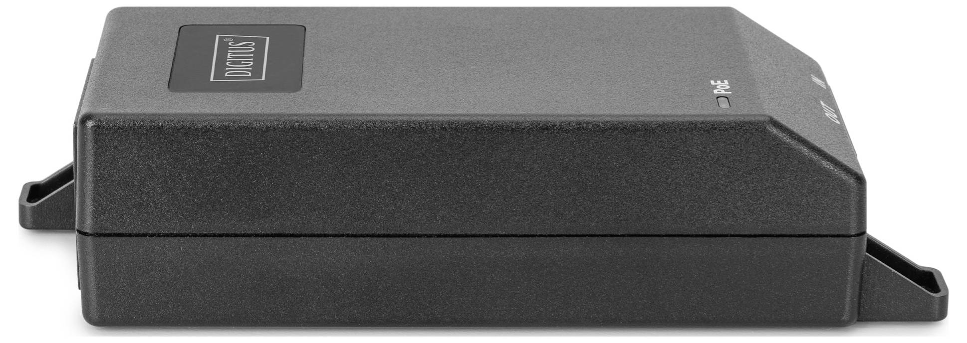 Ein rechteckiges, schwarzes elektronisches Gerät mit einem USB-Anschluss, mit der Aufschrift 'Digitus', das wahrscheinlich für Datenverbindungen oder Stromversorgung verwendet wird.