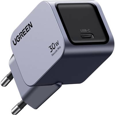 'UGREEN 30W Nexode Pro' USB-C-Ladegerät mit europäischem Stecker, von der Seite gezeigt und mit Fokus auf sein kompaktes, elegantes Design.